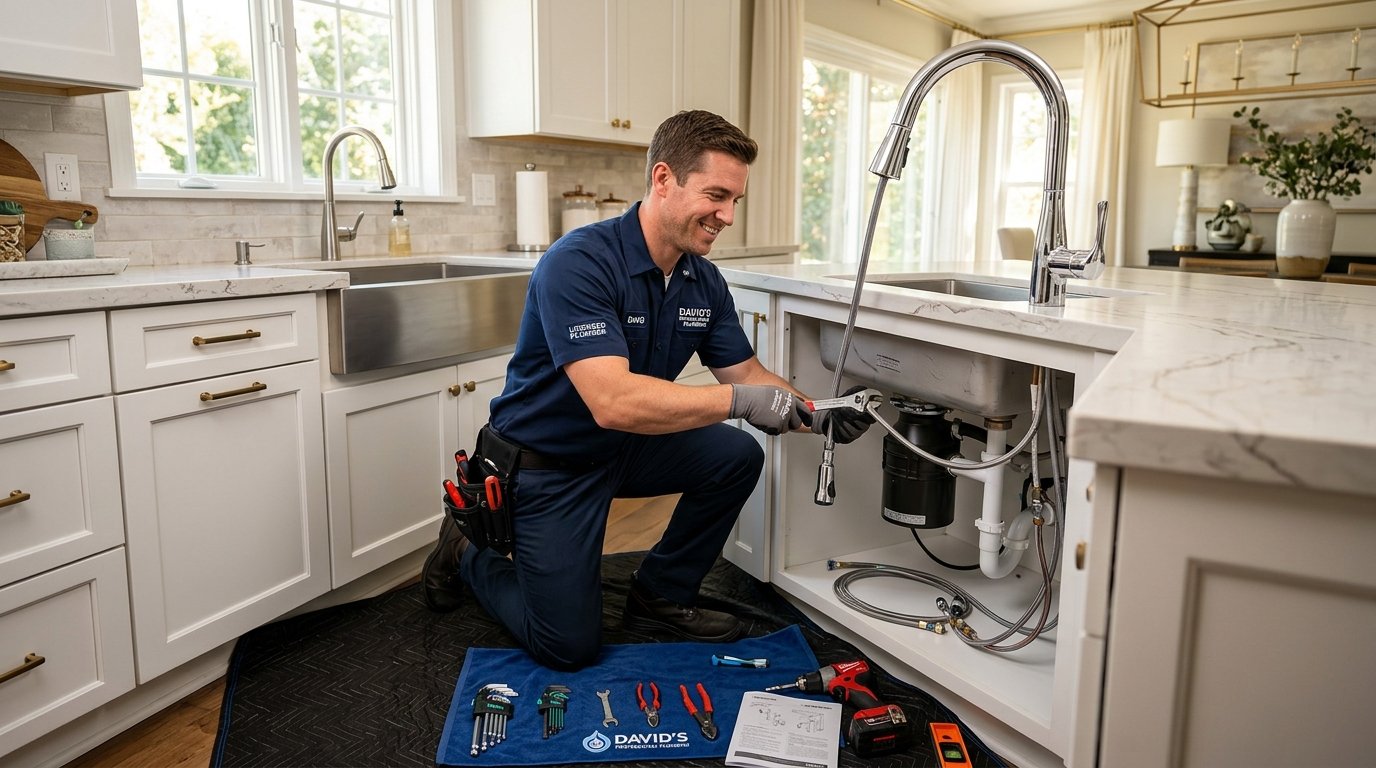 Licensed plumber installing high-end kitchen faucet and undermount sink plumbing in Simi Valley, CA