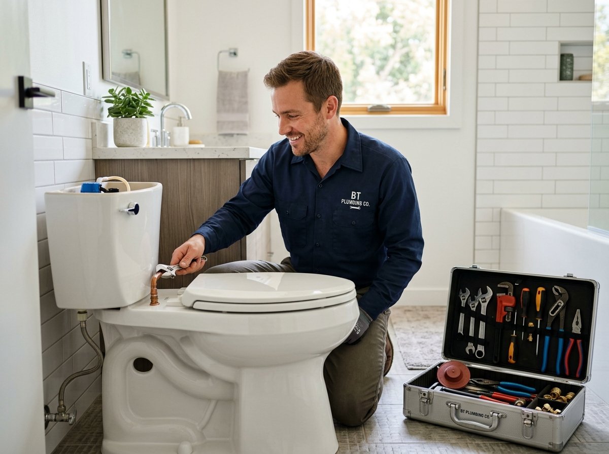 Professional licensed plumber repairing and installing a toilet in a Simi Valley, CA residential bathroom