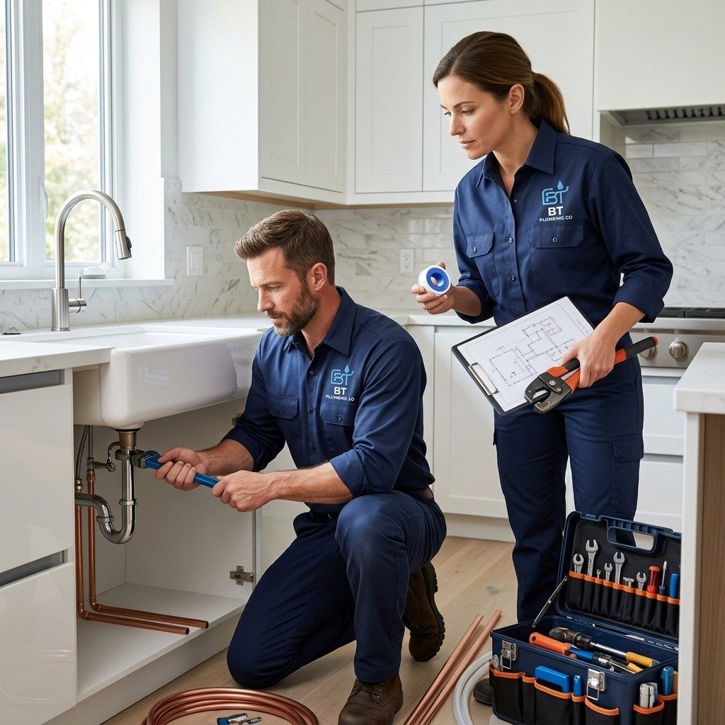 BT Plumbing CO licensed plumbers repairing kitchen sink in Simi Valley, CA