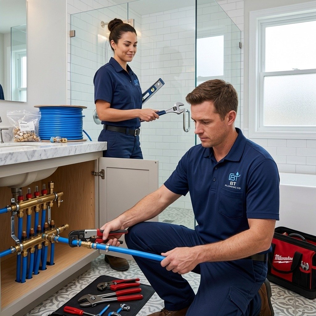 BT Plumbing CO technician inspecting PEX plumbing manifold and water heater shutoffs in Simi Valley