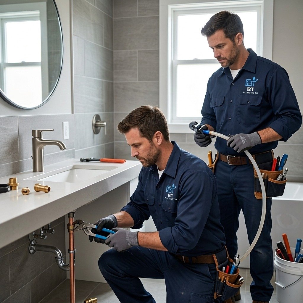 Two licensed plumbers reviewing project plans in Simi Valley